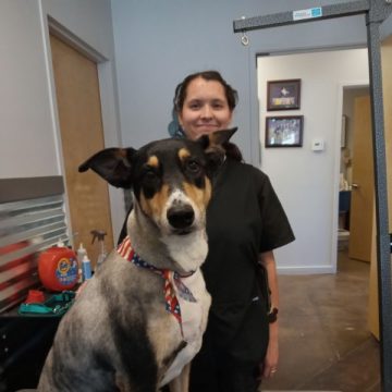 Apprentice and dog posing for camera
